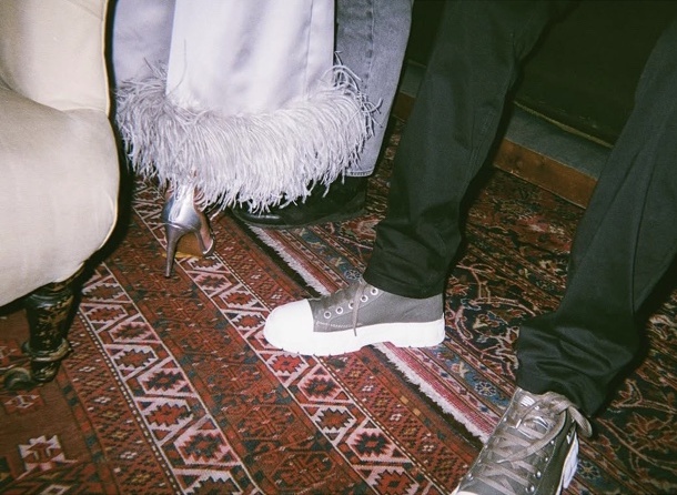 Evening shoes on a patterned rug