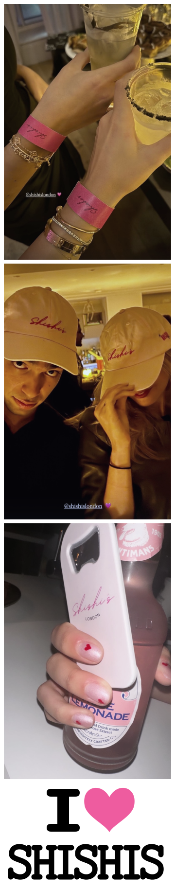 Photobooth strip with wristbands, caps and bottle opener. I 🩷 Shishi’s