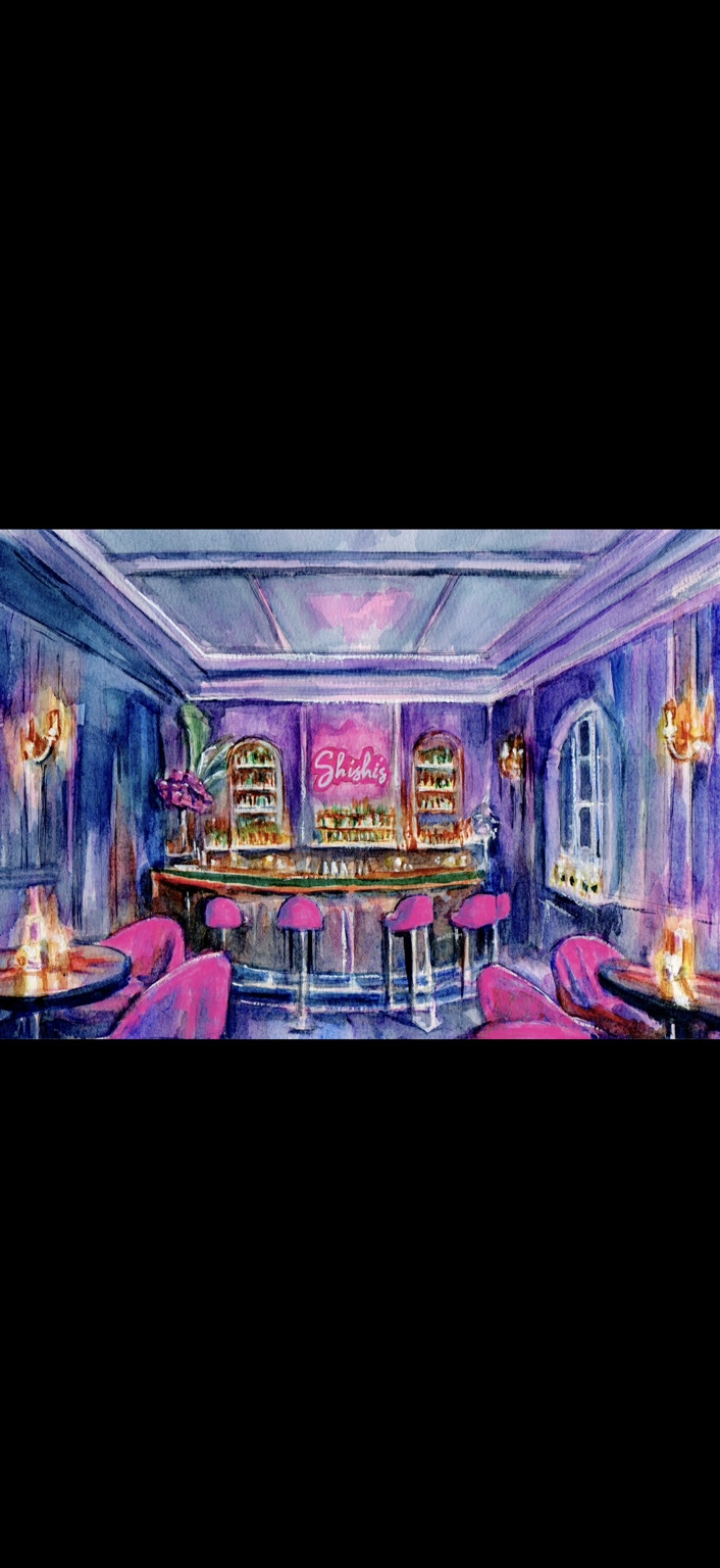 Watercolour illustration of Shishi’s bar with pink chairs and blue panelled walls